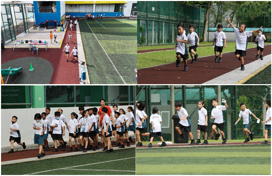 Young students in white uniforms running and walking on school sports tracks and fields in four outdoor scenes.