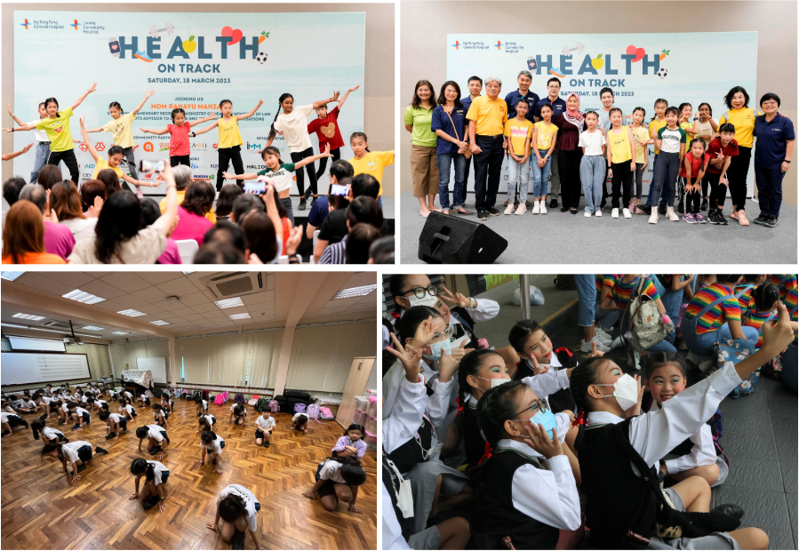 Four photos from a Health on Track event on 18 March 2023 showing children performing, posing, and taking selfies.