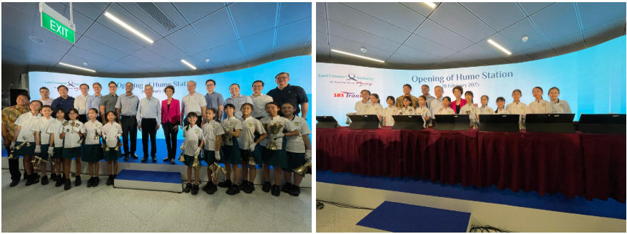 Two photos from the Opening of Hume Station event on 28 February 2025, showing adults and children posing on stage.