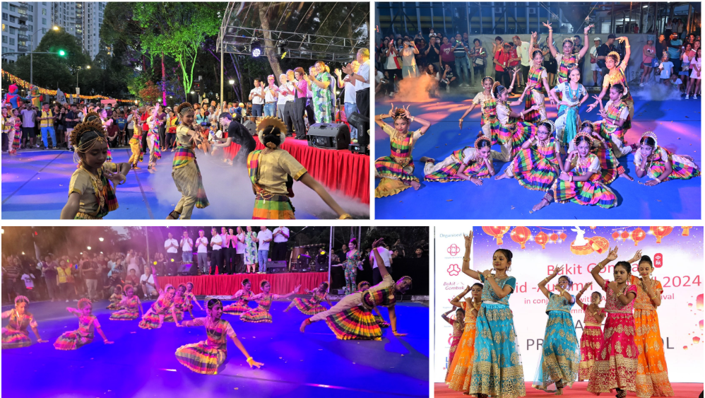 Four scenes of children and youth performing traditional Indian dance in colorful costumes at the Bukit Gombak 2024 festival.