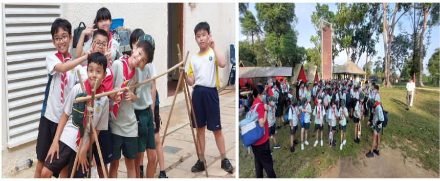 Young scouts in neckerchiefs pose with wooden sticks outdoors; a large group of scouts gathers in a park nearby.