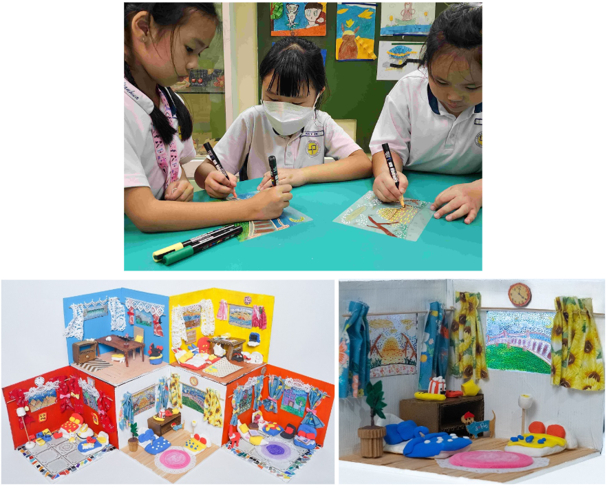 Three girls draw with markers, alongside colorful handmade miniature room dioramas with tiny furniture.