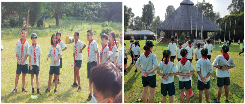 Young scouts in uniform with red neckerchiefs stand in groups outdoors near trees and a pavilion.