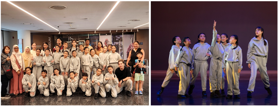 A group of children in grey outfits pose for a photo indoors, and perform on a stage looking upward.