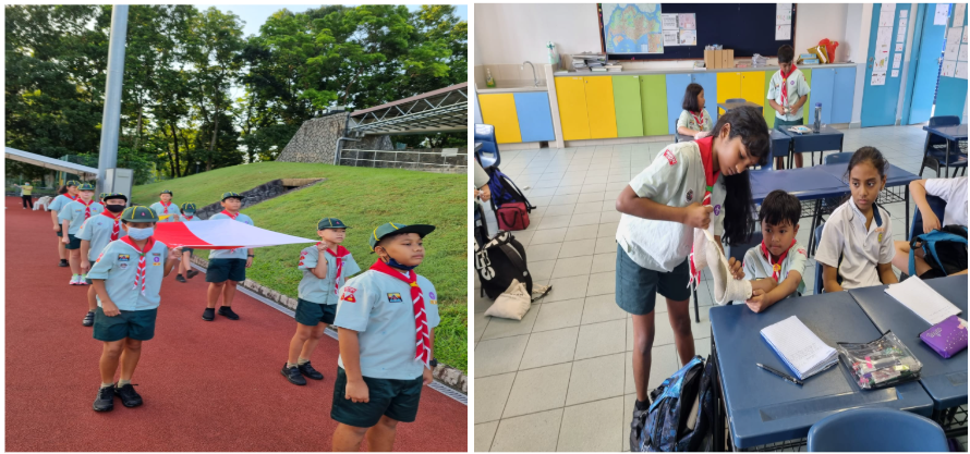Children in scout uniforms carry a flag outdoors on a track, while others work at desks inside a classroom.