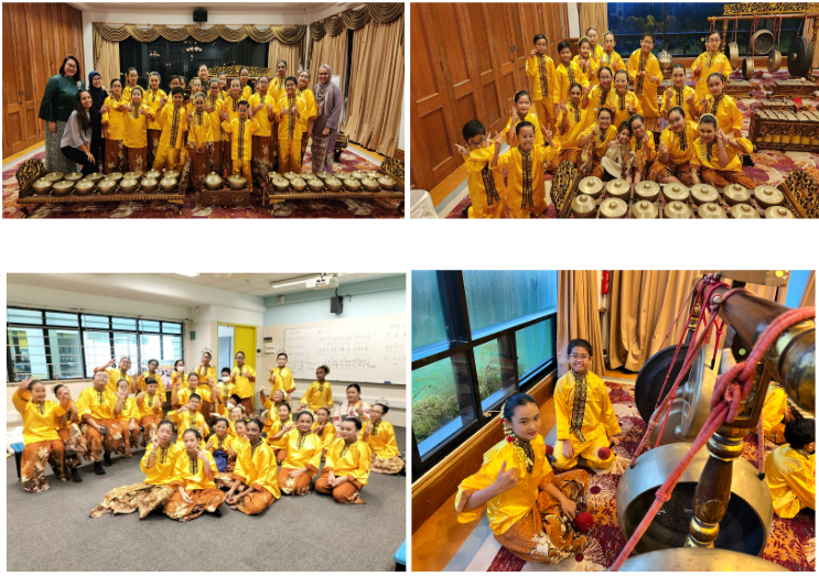 Groups of children in yellow traditional outfits pose with gamelan instruments in four photos.