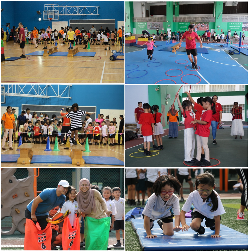 Children and adults participate in school sports day activities including sack races, jumping hoops, and obstacle courses.