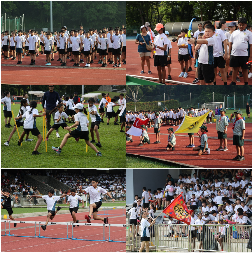 Six-photo collage of a school sports day with children running hurdles, doing archery, flag ceremonies, and cheering.