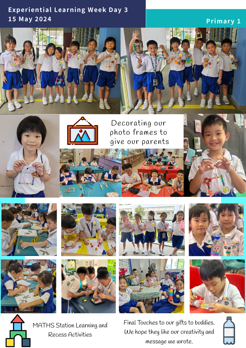 Primary 1 students decorating photo frames and doing maths activities during Experiential Learning Week Day 3.