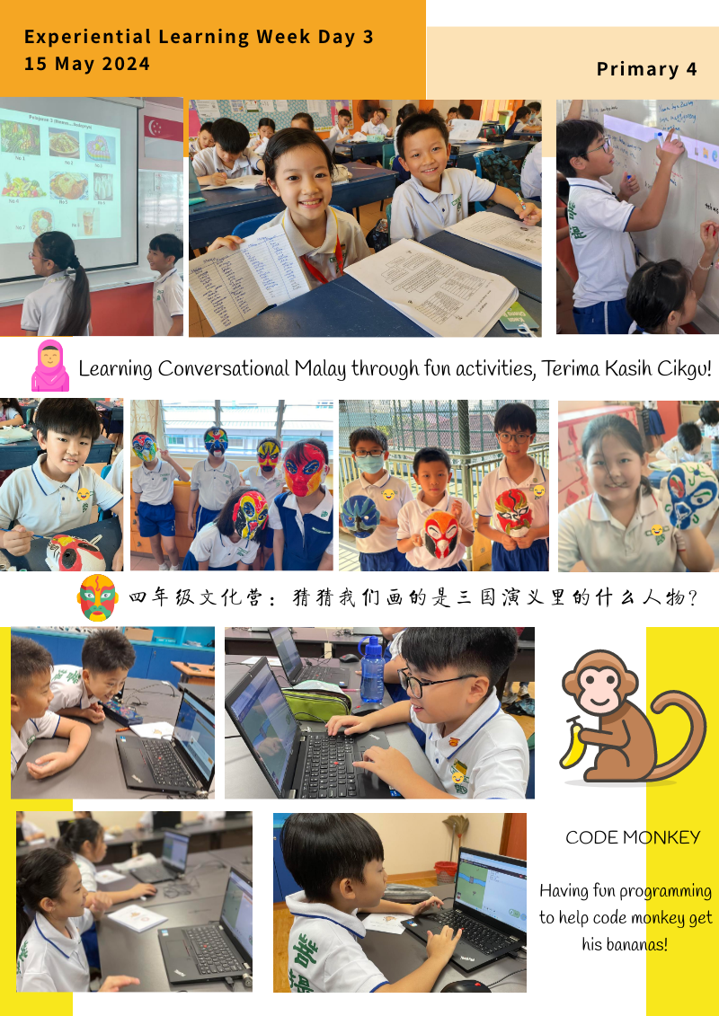 Primary 4 students doing Malay lessons, painting Chinese opera masks, and coding on laptops during Experiential Learning Week.