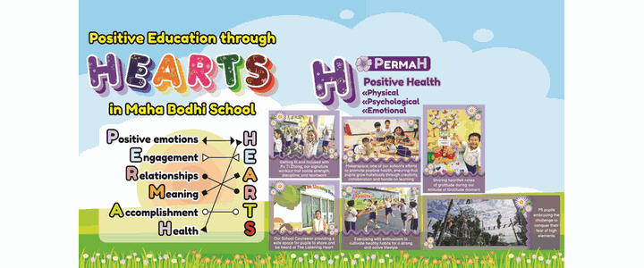 Colorful educational banner titled Positive Education through HEARTS in Maha Bodhi School, showing PERMAH framework with student photos.