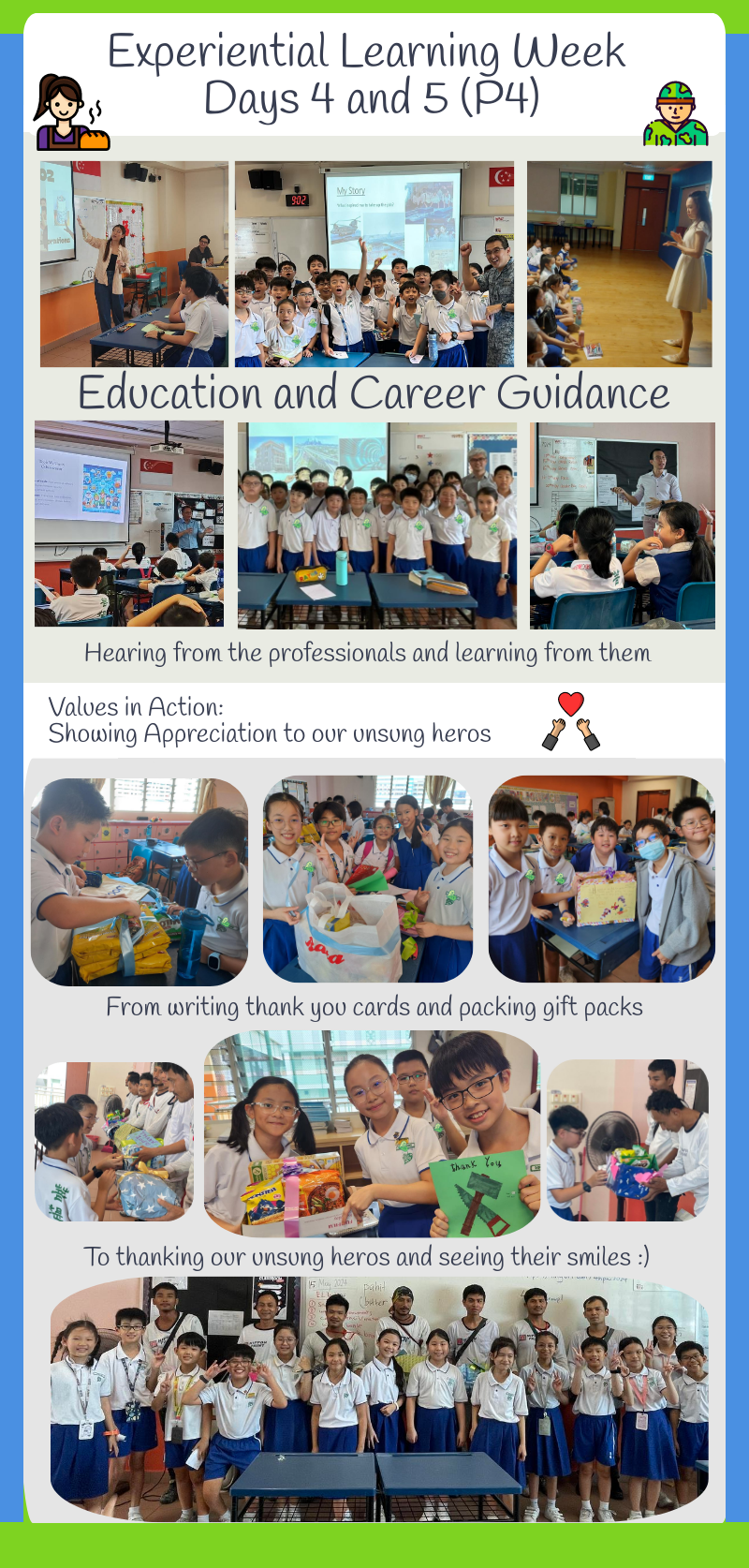 Primary 4 students during Experiential Learning Week, doing career guidance activities and giving thank-you cards and gifts.