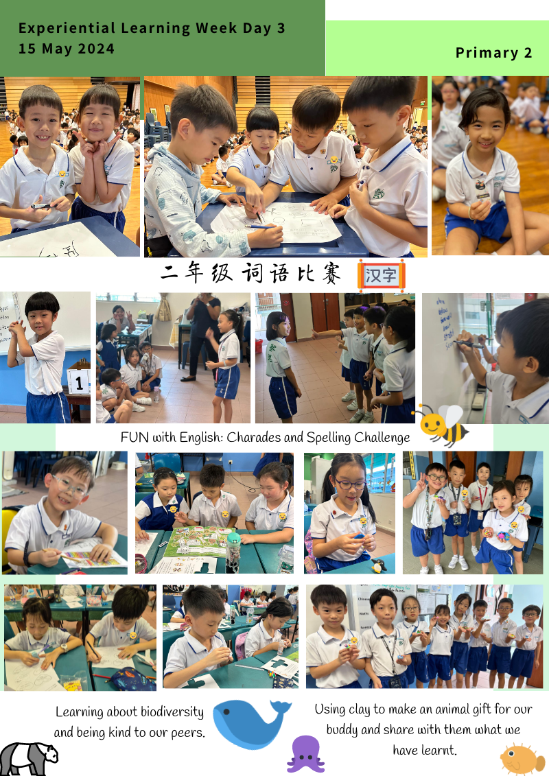 Primary 2 students during Experiential Learning Week on 15 May 2024, doing Chinese, English, and biodiversity activities.