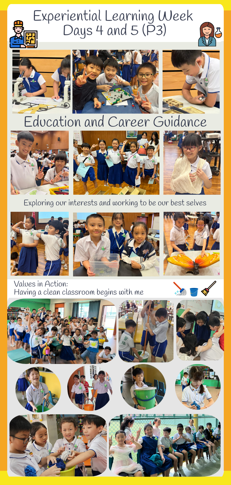 A collage of primary 3 students during Experiential Learning Week Days 4 and 5, doing career and cleaning activities.