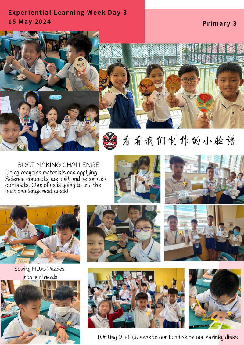 Primary 3 students display handmade opera masks, recycled boats, solve math puzzles, and write wishes on shrinky dinks.