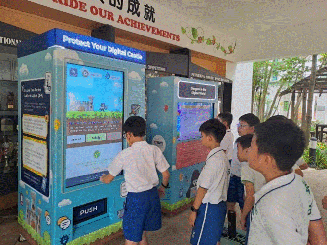 Student in school uniforms learning and understanding what good netiquettes, proper online behavior through pop-up digital panels