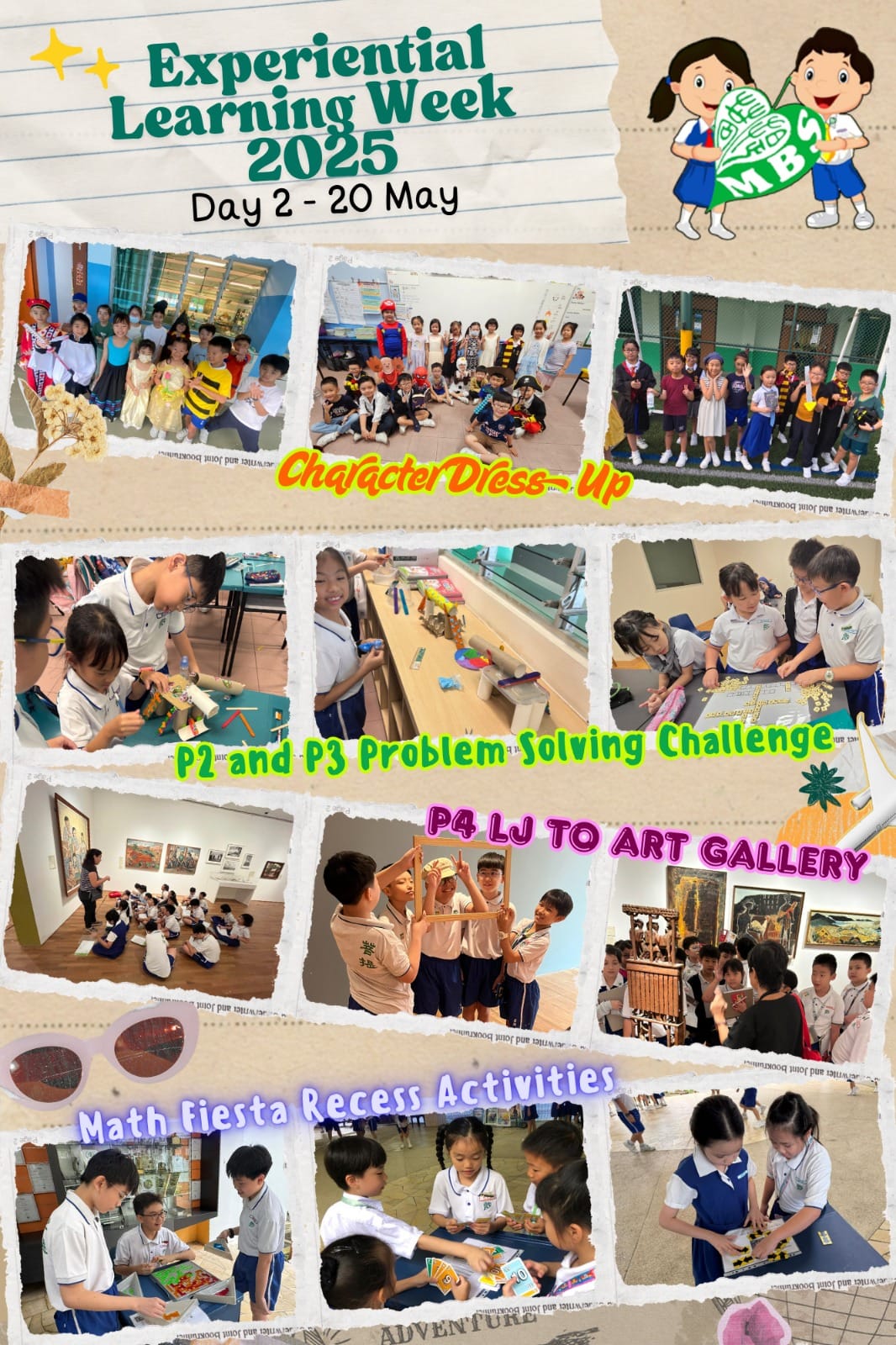 Collage poster for Experiential Learning Week 2025 Day 2 showing students in costumes, doing challenges, and visiting an art gallery.