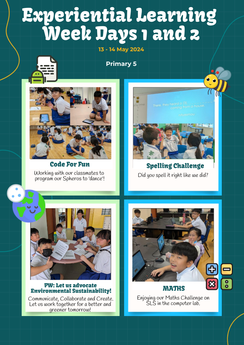 Flyer for Primary 5 Experiential Learning Week showing four activities: coding, spelling, sustainability, and maths.