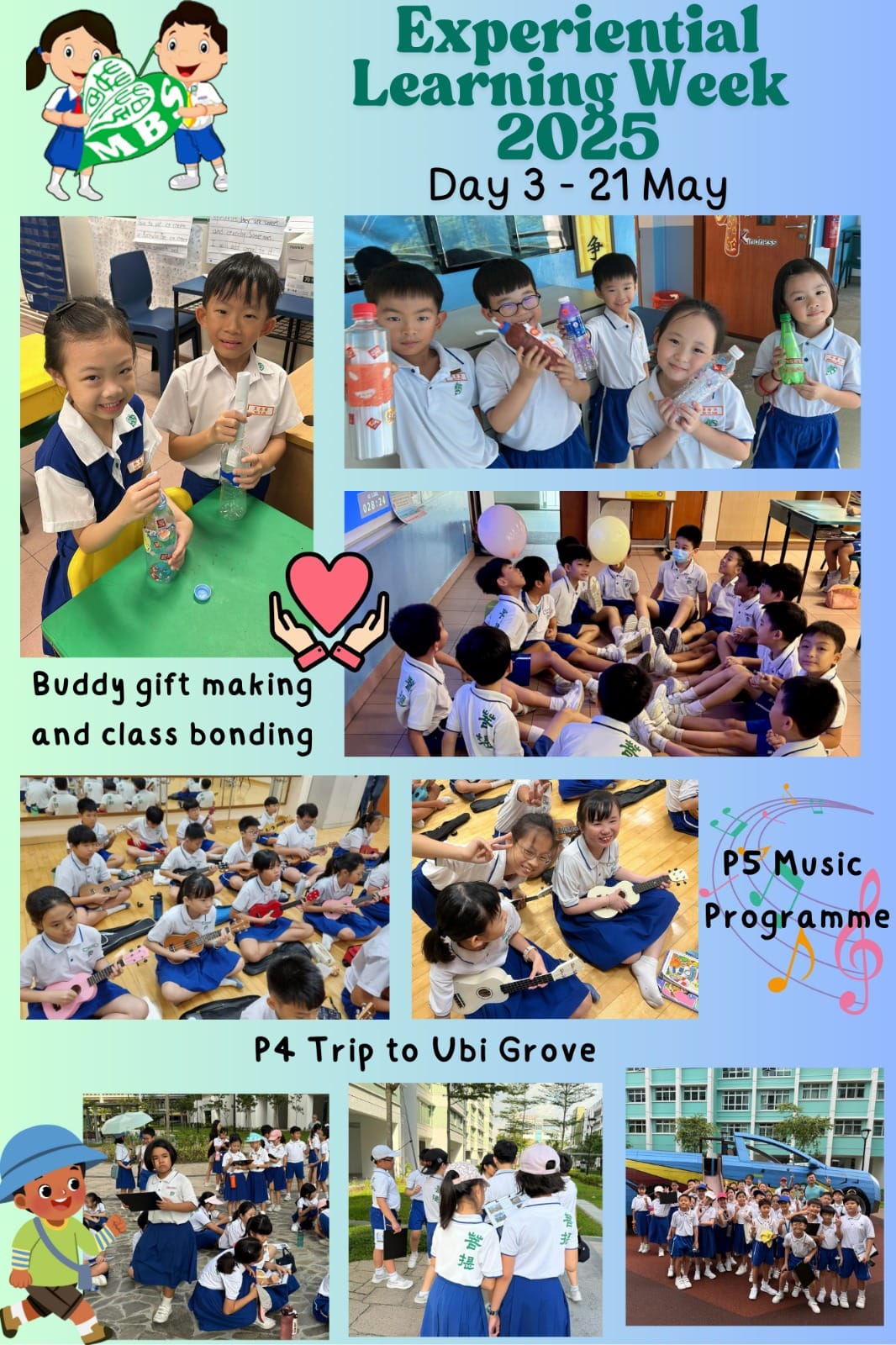 Flyer for Experiential Learning Week 2025 Day 3 showing students doing gift making, ukulele playing, and a field trip.