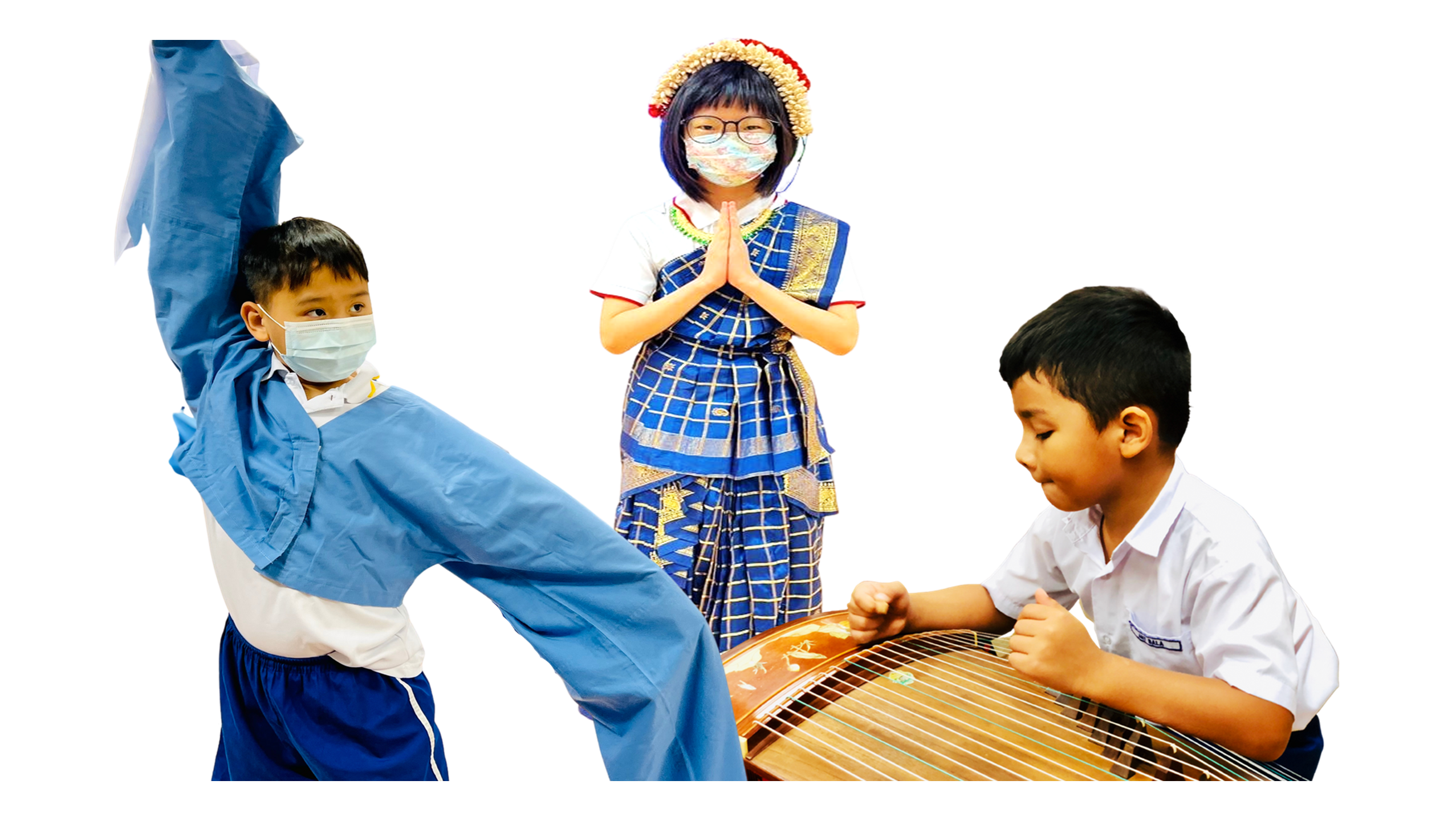 Three children: one waves blue cloth, one in traditional dress with hands together, one plays a stringed instrument.