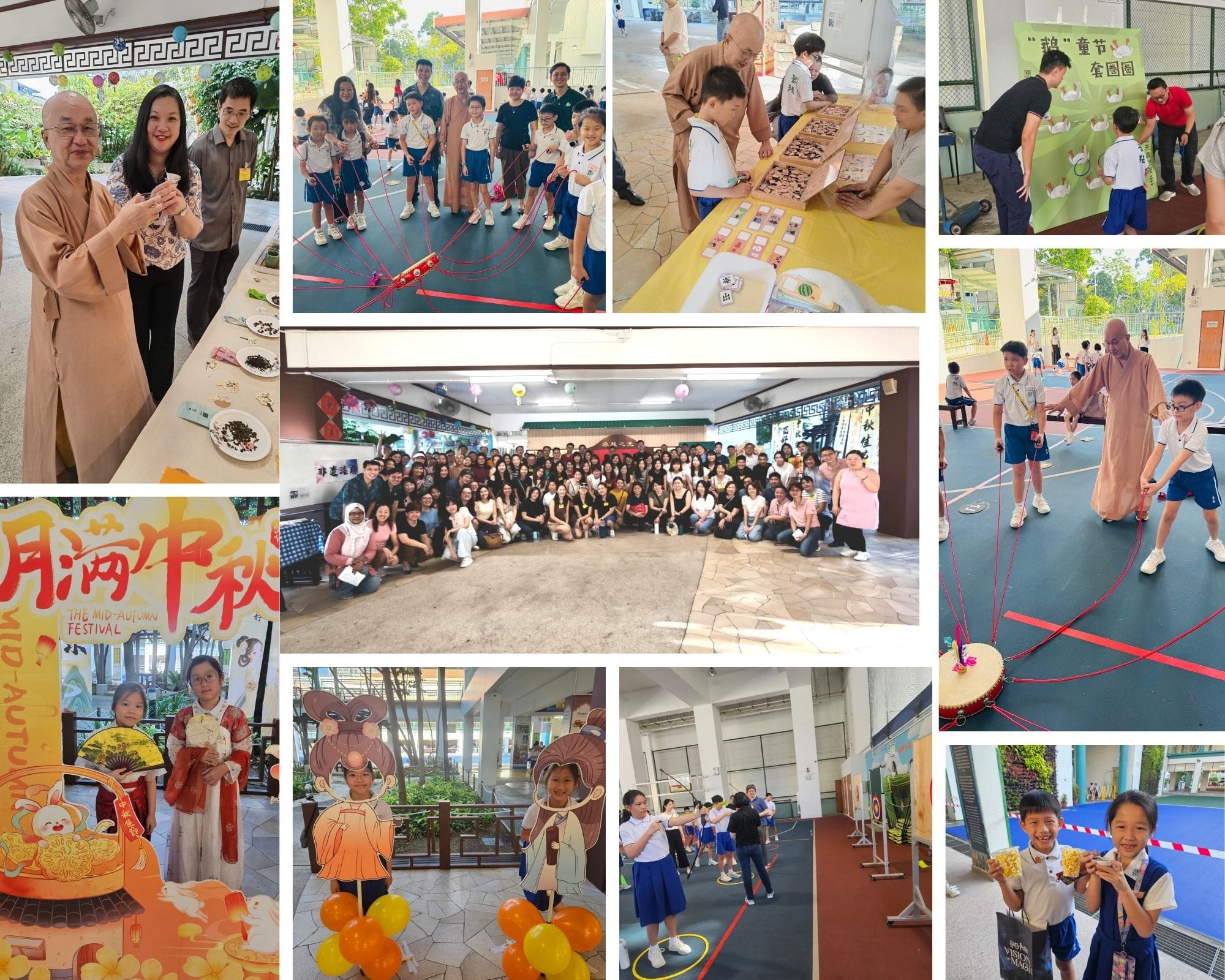 A collage of children and adults celebrating the Mid-Autumn Festival with games, group photos, and decorations.