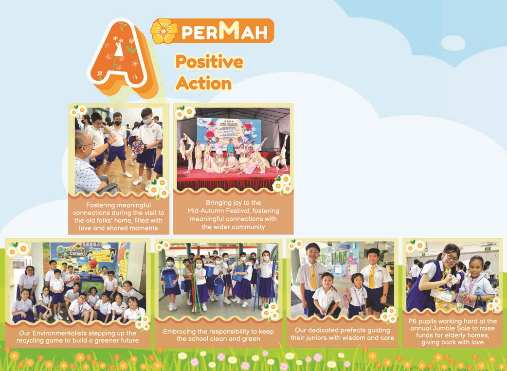 School children taking positive actions including recycling, cleaning, guiding juniors, and performing at a Mid-Autumn Festival.