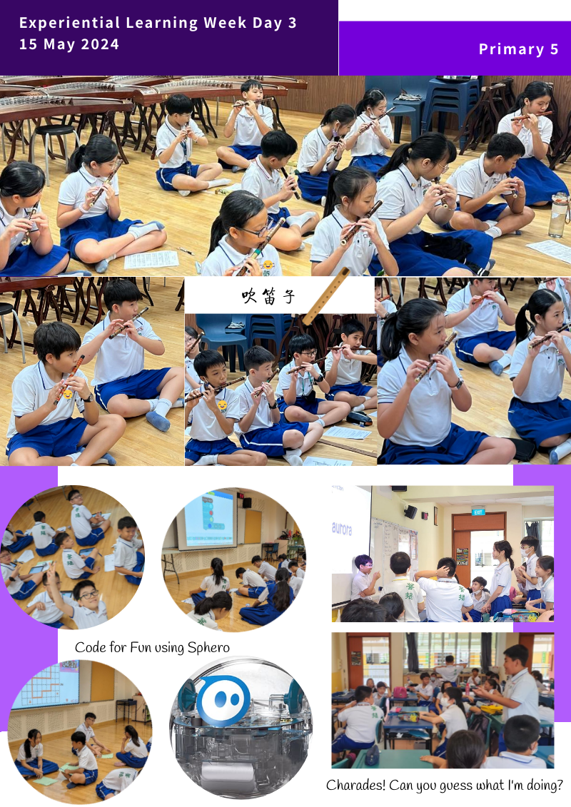 Primary 5 students play flutes, code with Sphero robots, and play charades during Experiential Learning Week Day 3.