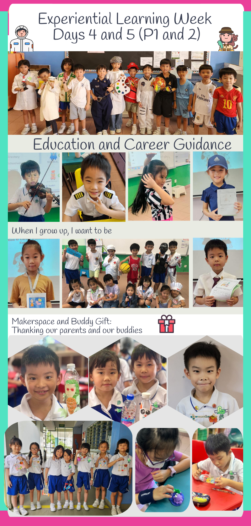 Collage of young students in career costumes during Experiential Learning Week Days 4 and 5 activities.