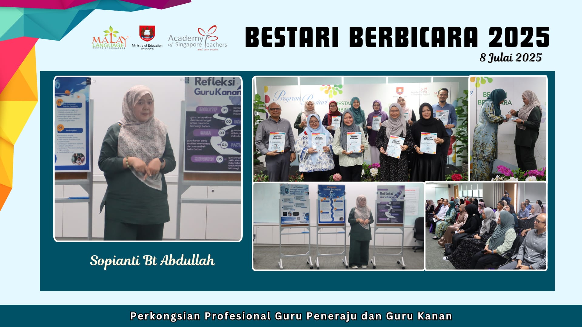 Bestari Berbicara 2025 event on 8 July showing a presenter, group certificate photo, and seated audience.