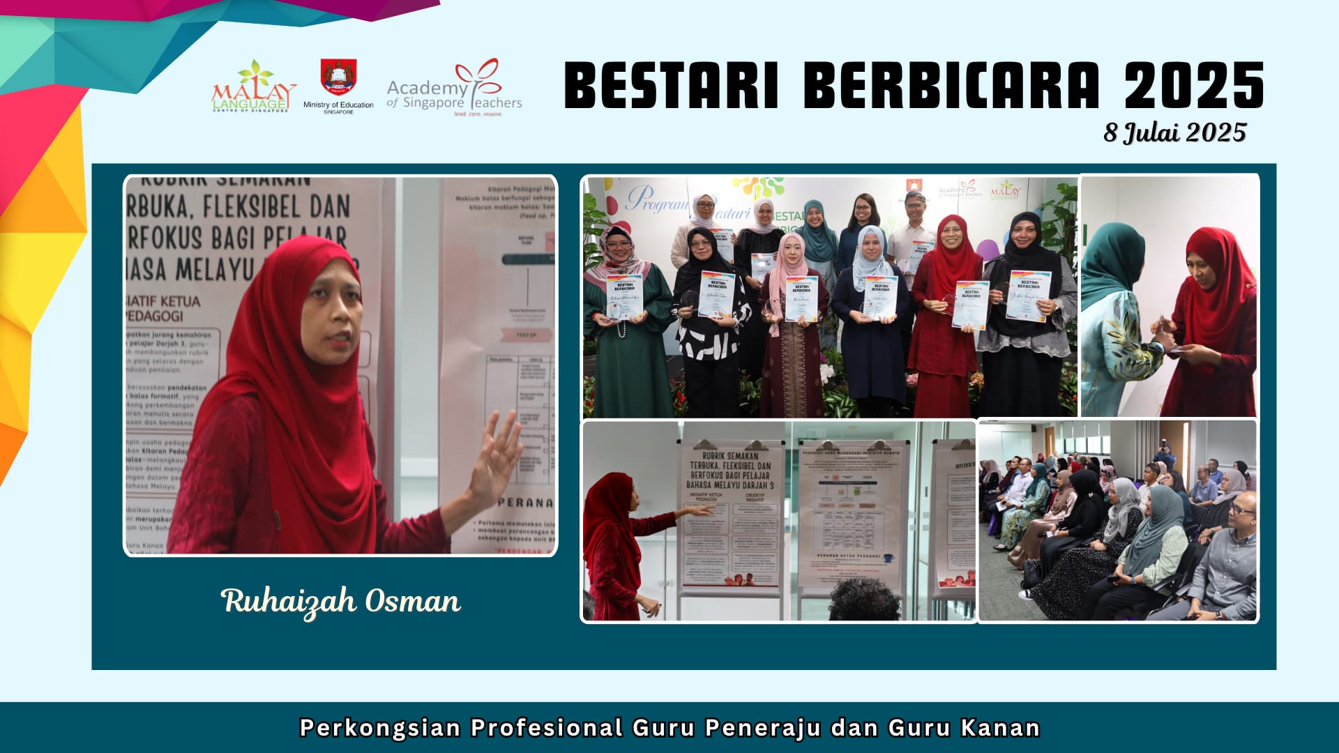 Promotional banner for Bestari Berbicara 2025 event on 8 July, showing presenter Ruhaizah Osman and group photos.