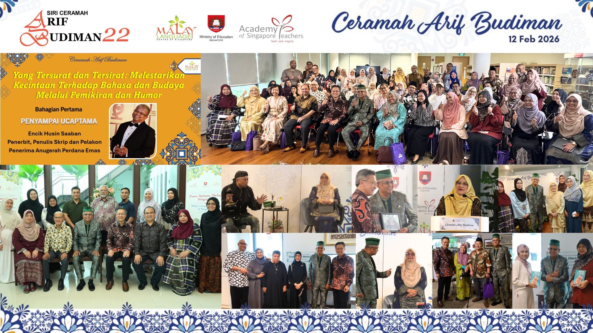 Promotional banner for Ceramah Arif Budiman 22 on 12 Feb 2026, featuring group photos of attendees and event details.
