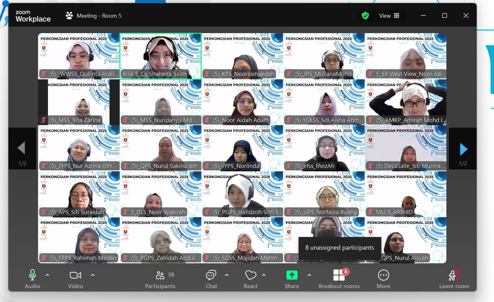 Zoom Workplace meeting Room 5 showing a grid of about 20 participants, mostly women wearing hijabs, with name labels visible.