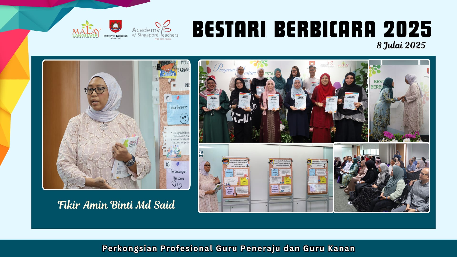 Promotional banner for Bestari Berbicara 2025 on 8 July, featuring group photos of teachers holding certificates.