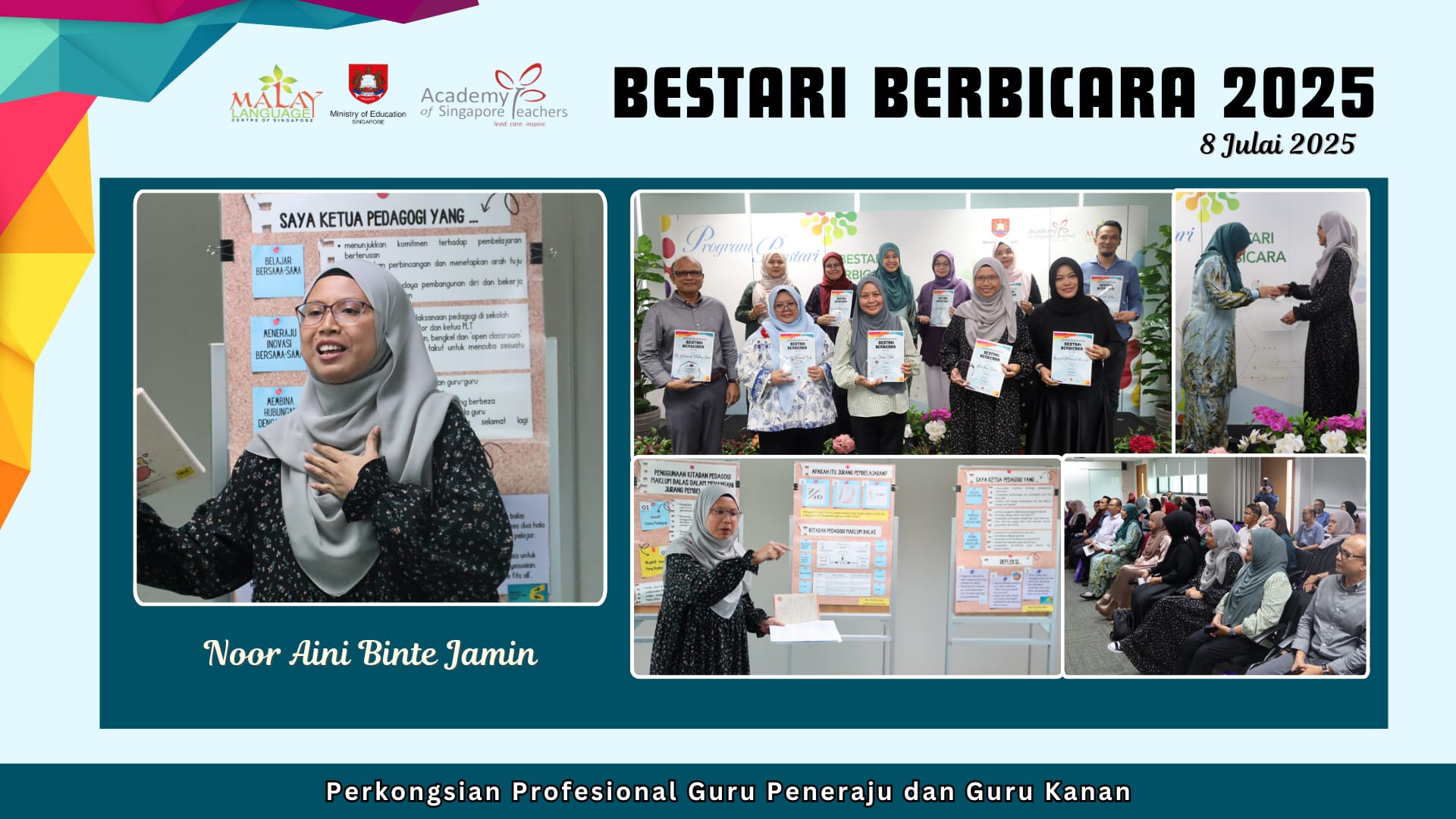 Collage of photos from Bestari Berbicara 2025 event on 8 July, featuring teachers presenting and receiving certificates.