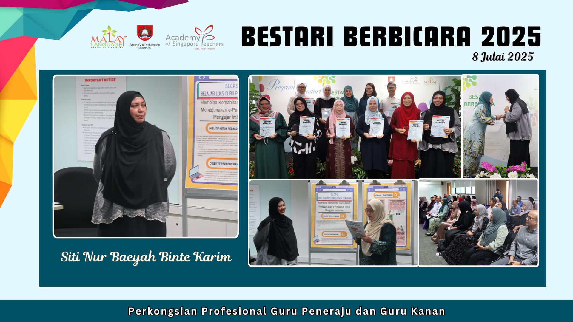 Promotional banner for Bestari Berbicara 2025 event on 8 July, showing teachers presenting and holding certificates.