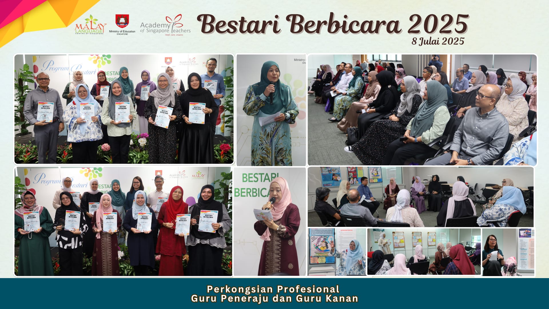 Collage of photos from Bestari Berbicara 2025 event on 8 July, showing participants holding certificates and speakers addressing audiences.