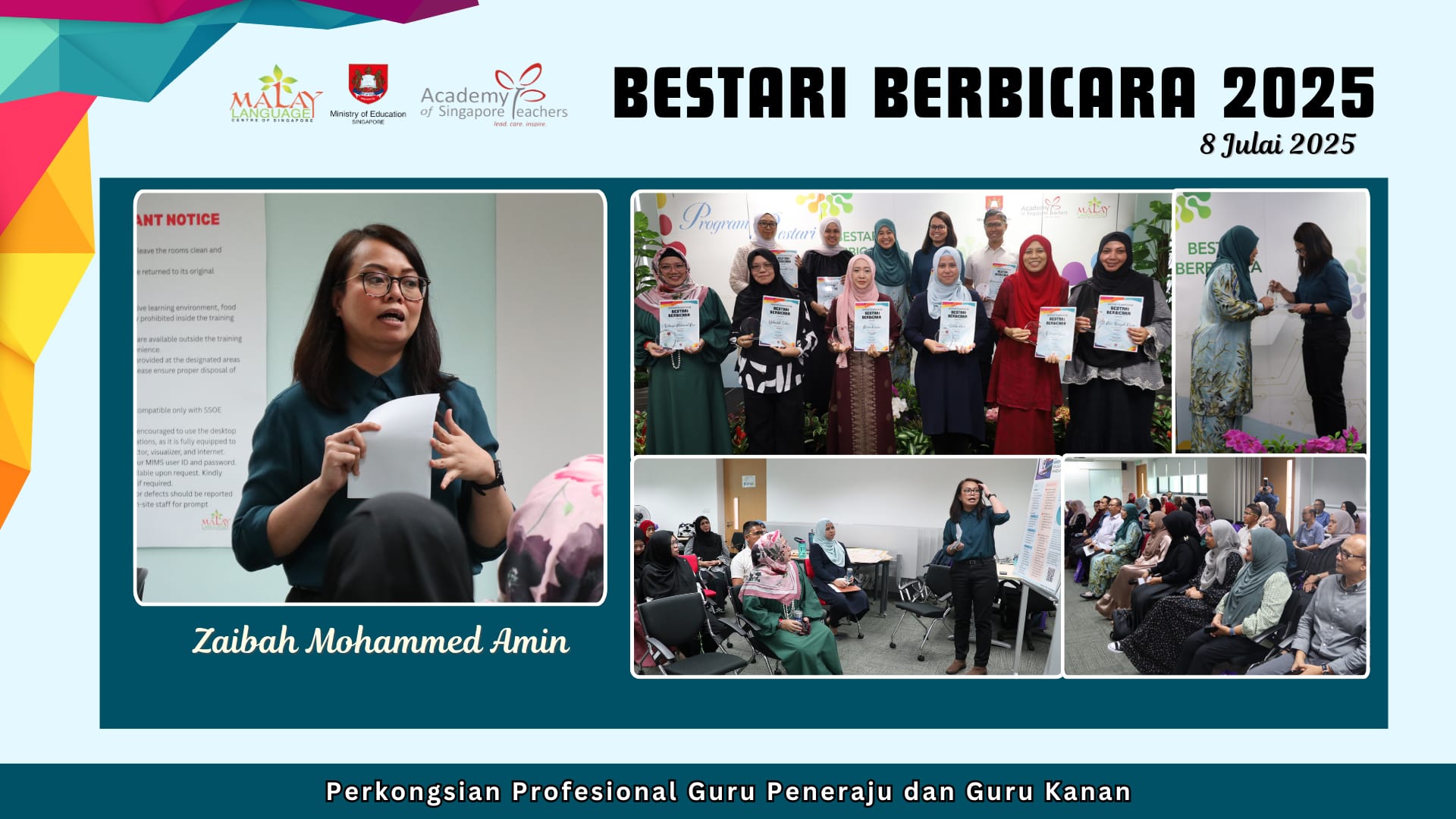 Bestari Berbicara 2025 event collage showing Zaibah Mohammed Amin presenting and group certificate photos.