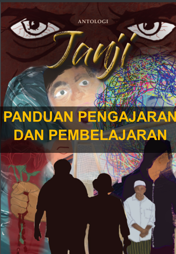 Book cover titled "Antologi Janji" with illustrated characters, bold eyes, and yellow text reading "Panduan Pengajaran Dan Pembelajaran."