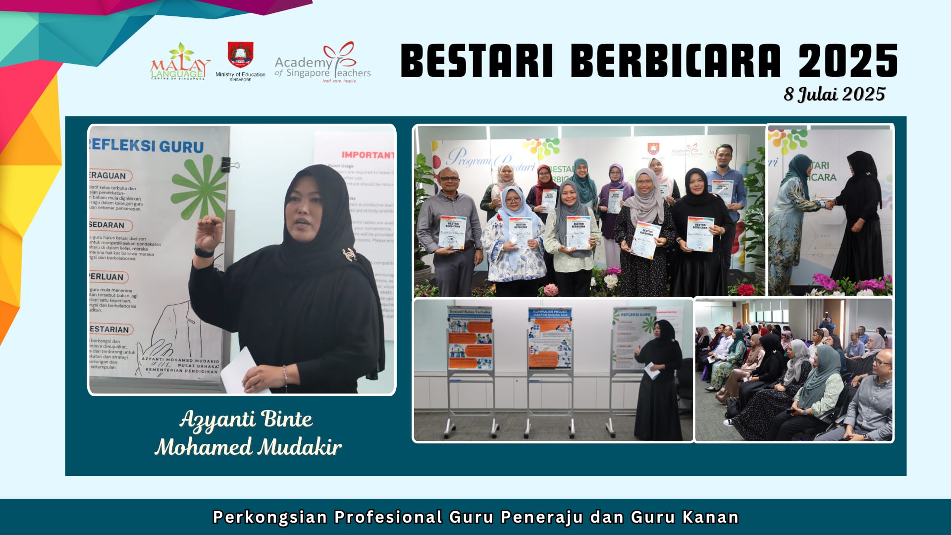Bestari Berbicara 2025 event on 8 July showing a presenter, group certificate photo, and seated audience.