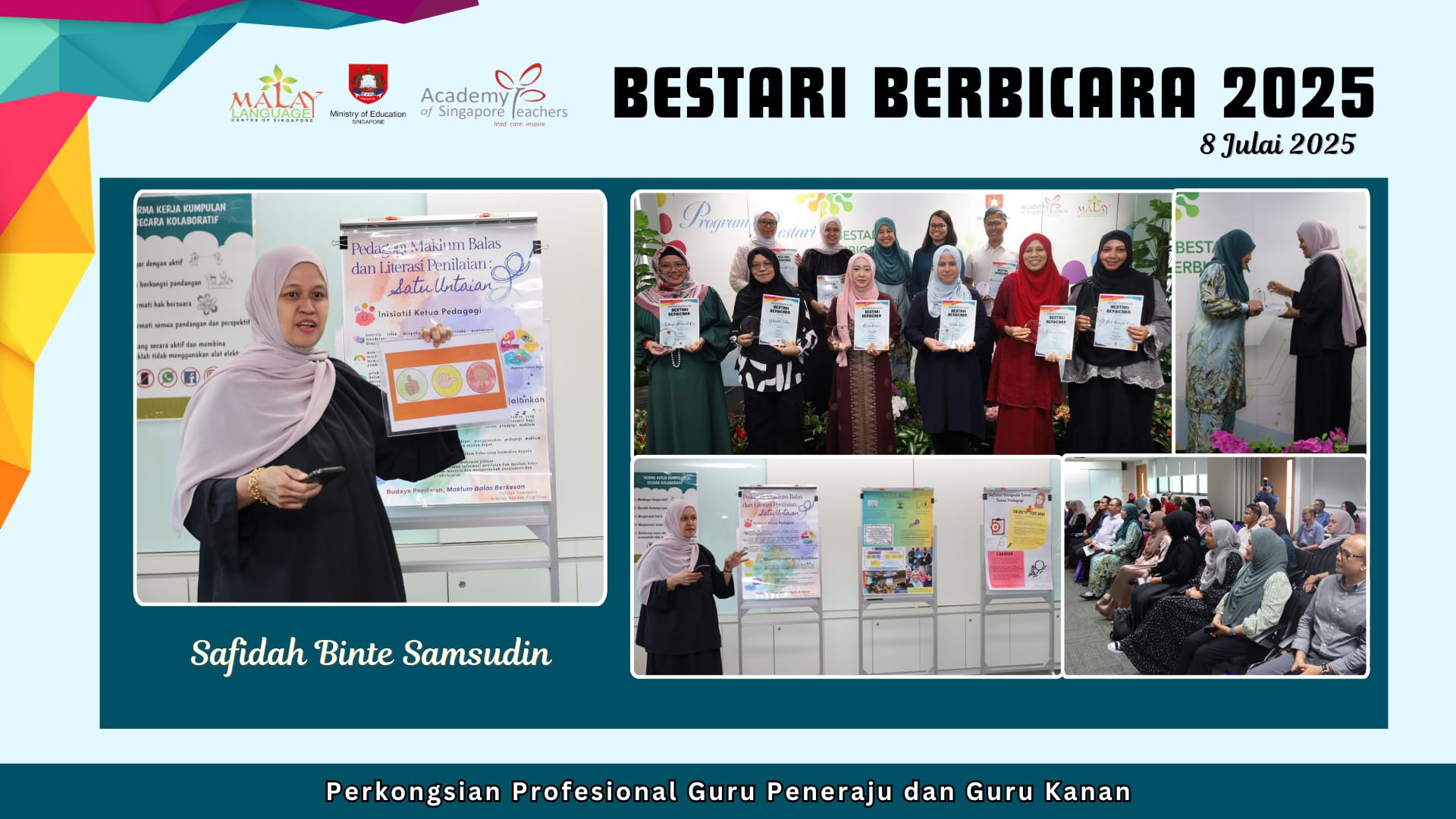 Promotional banner for Bestari Berbicara 2025 event on 8 July, showing a presenter, group photo with certificates, and audience.