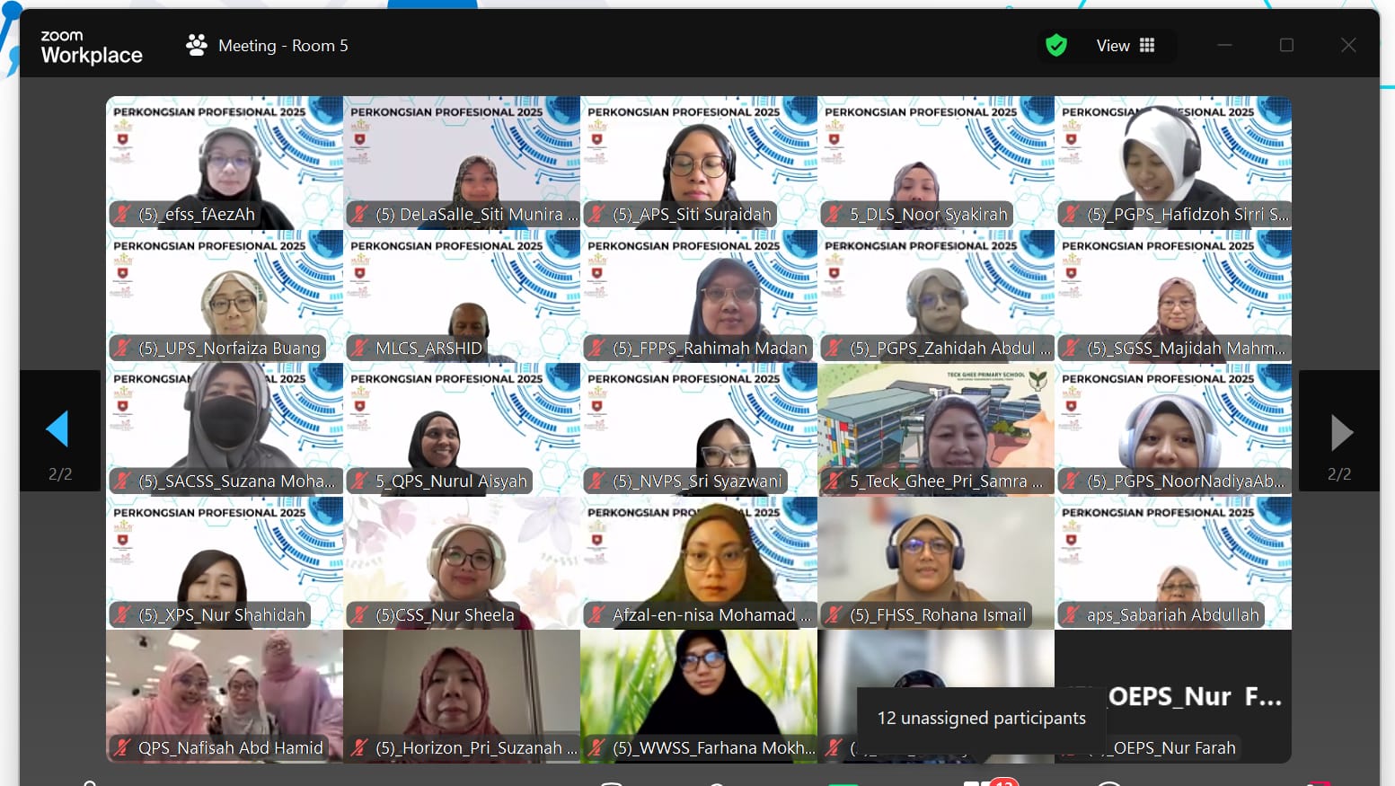 Zoom Workplace meeting Room 5 showing a grid of video participants, mostly women, with name labels visible.
