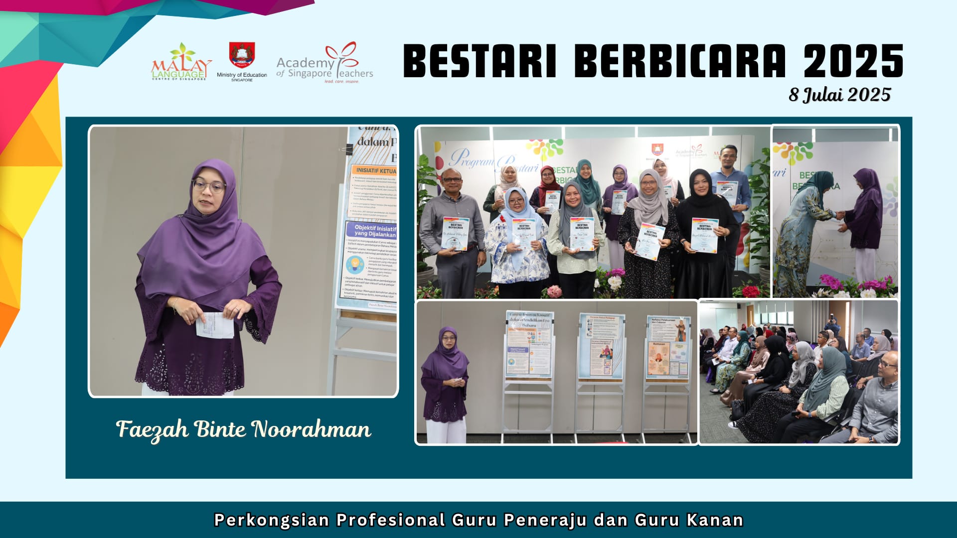 Promotional poster for Bestari Berbicara 2025 event on 8 July, featuring Faezah Binte Noorahman presenting and group photos.