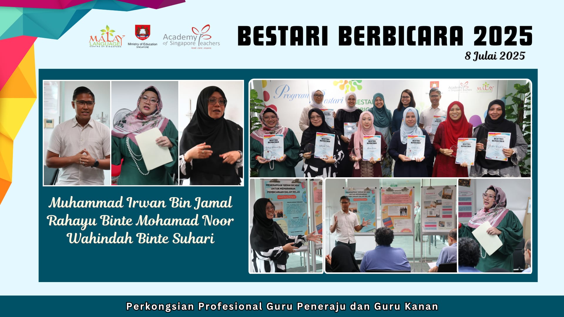 Promotional banner for Bestari Berbicara 2025 event on 8 July, showing teachers presenting and holding certificates.