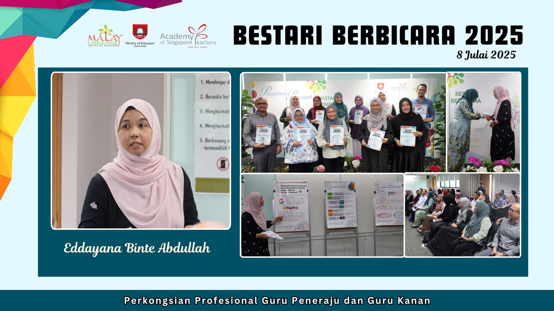 Promotional banner for Bestari Berbicara 2025 on 8 July, showing a woman speaking and group photos of participants holding certificates.