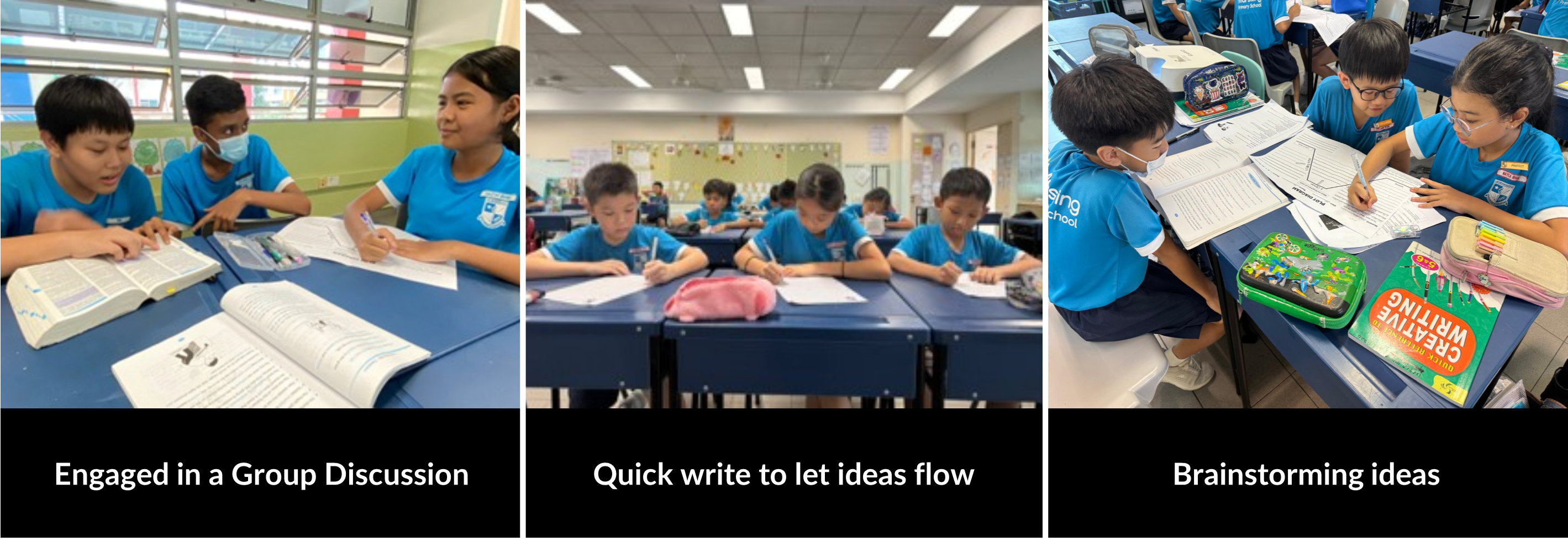 Students discussing in a group, quick-writing at desks, and brainstorming ideas together.