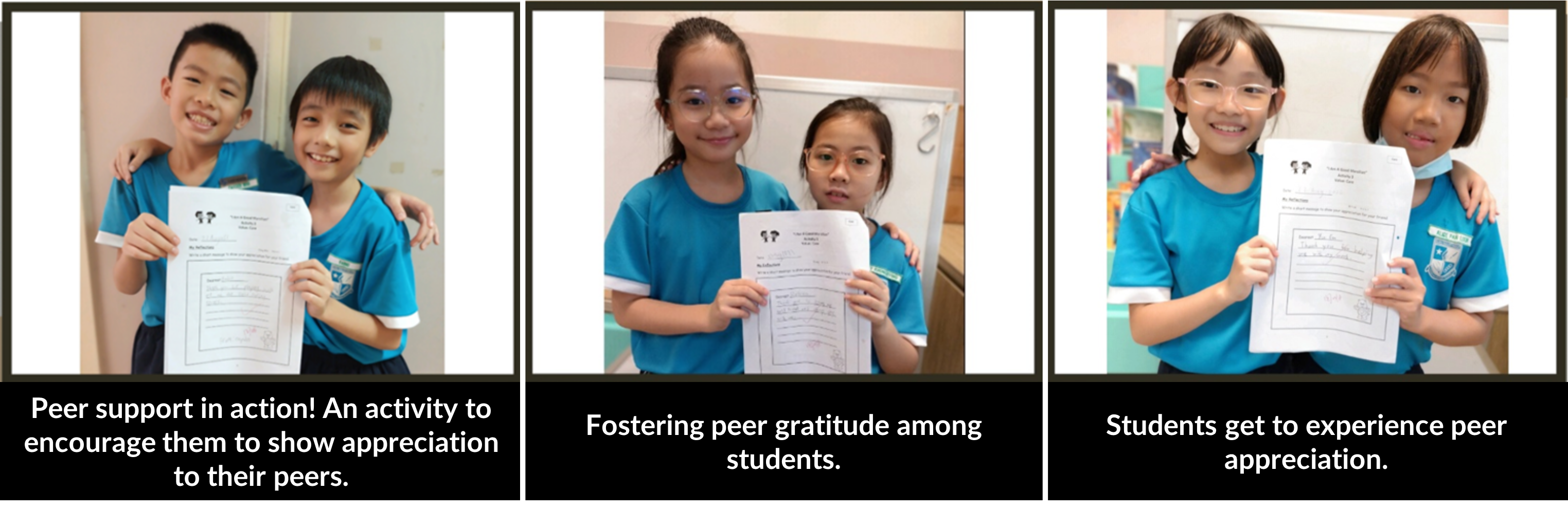 Three pairs of smiling children in blue uniforms hold handwritten appreciation letters in a peer support activity.