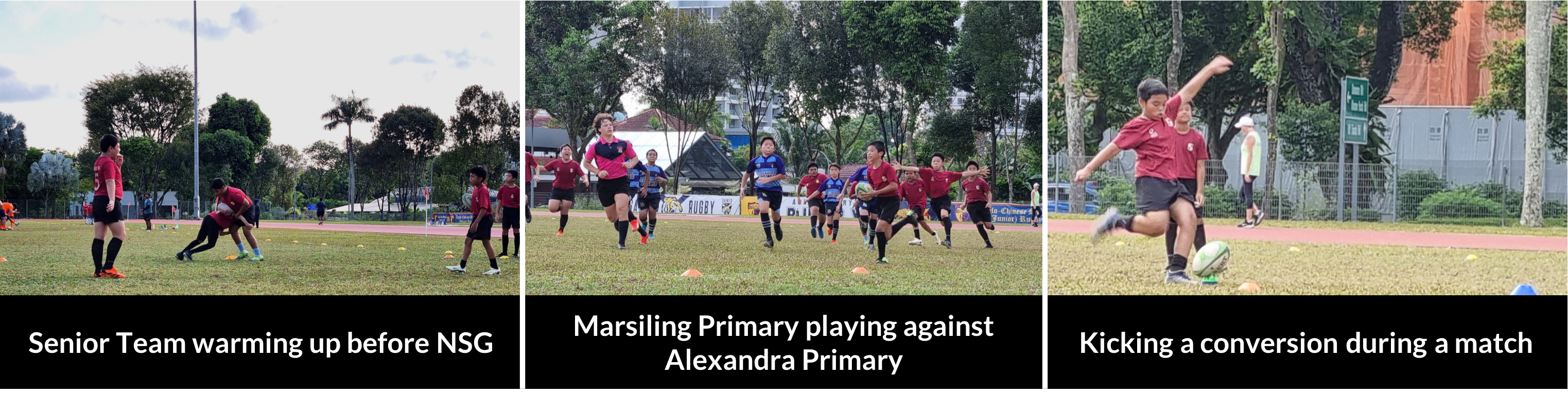 Three pictures illustrate players competing in a rugby match on a field.