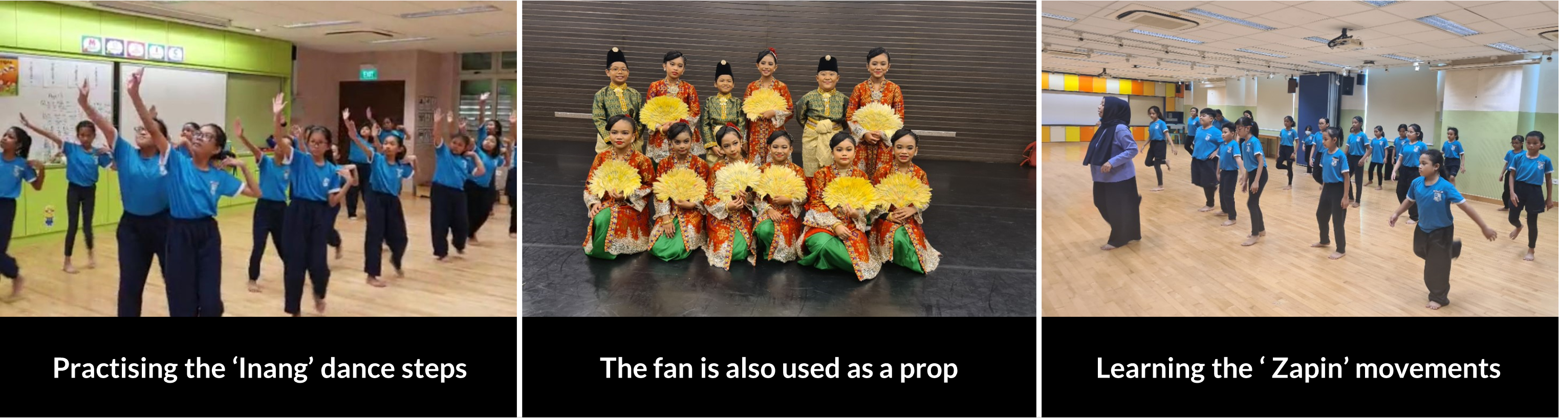 Students practising the Inang dance, posing with fans, and learning Zapin dance movements.
