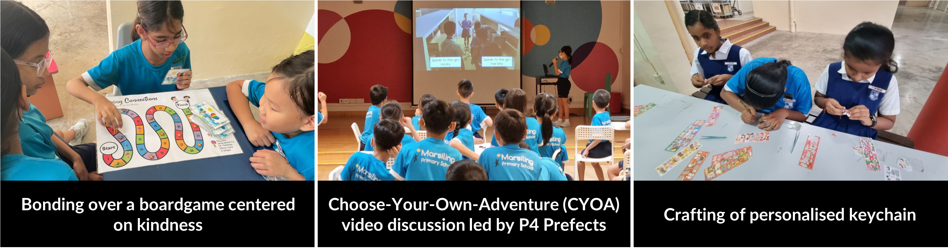 Three school activity scenes: kids playing a kindness boardgame, watching a CYOA video, and crafting keychains.