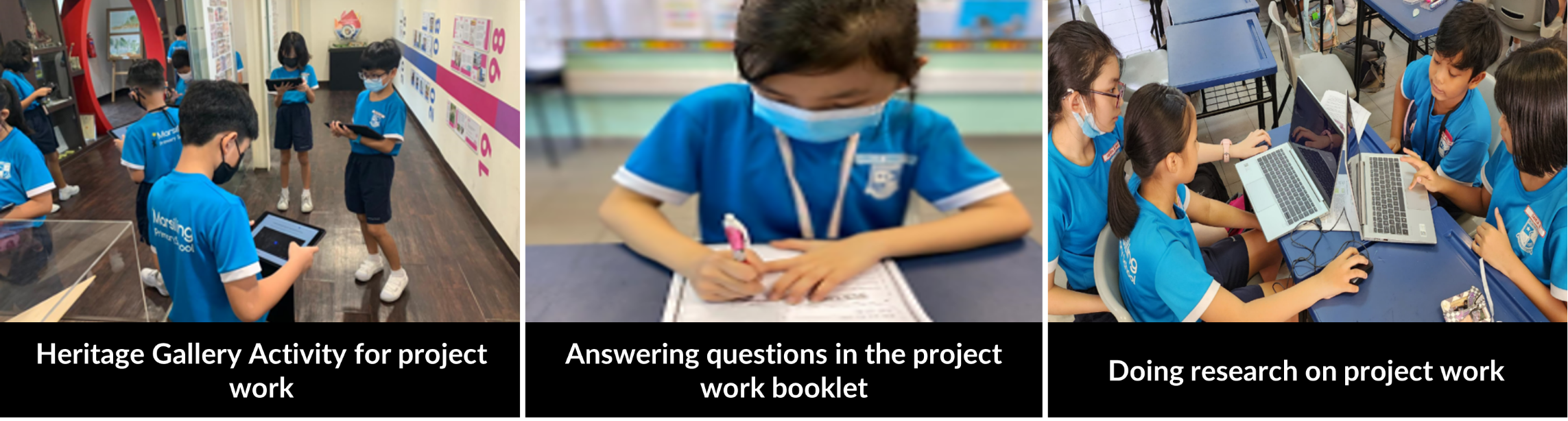 Three school project scenes: students using tablets in a gallery, a child writing in a booklet, and students on laptops researching.